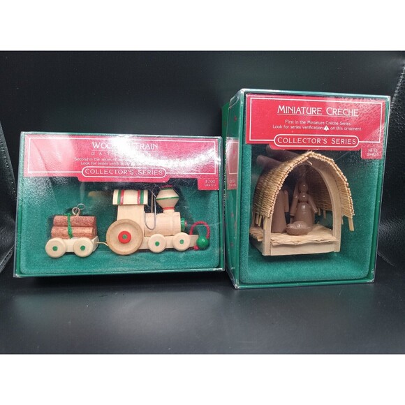 2) Hallmark Miniature Creche 1985 Keepsake Christmas Ornament + Wooden Train Set - Picture 1 of 7